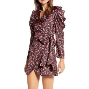 NWT Something Navy Black Rose Ditsy Dress Sz M Long Puff Sleeve Dark Floral Wrap